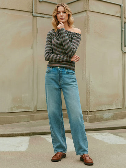 Long Sleeves Skinny Asymmetric Pleated Striped One-Shoulder T-Shirts Tops