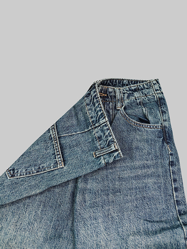 Loose Wide Leg Buttoned Fringed Pockets Jean Pants Bottoms