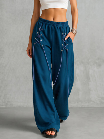 Loose Wide Leg Drawstring Elasticity Pockets Solid Color Pants Trousers