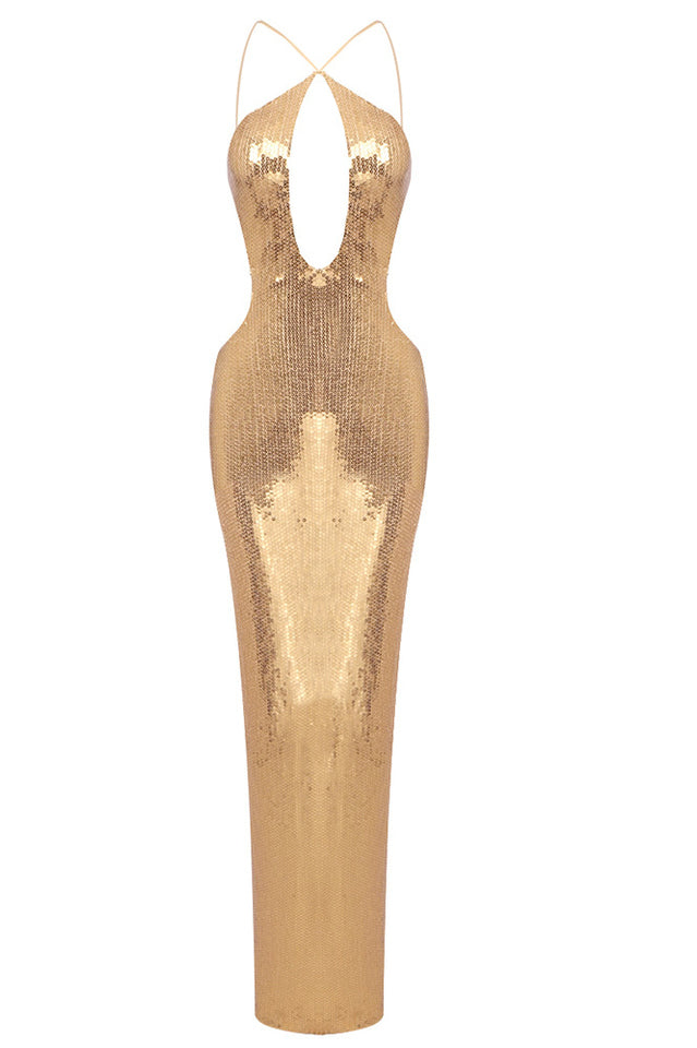 Halter Sequin Backless Maxi Dress