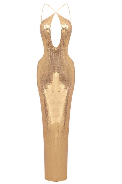 Halter Sequin Backless Maxi Dress
