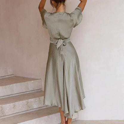 Luna | Women's Satin Midi Dress Deep V-Neck Tie Front Flutter Sleeve