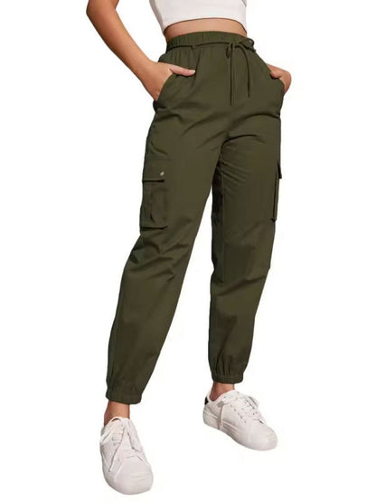 High Waisted Elasticity Pockets Solid Color Split-Joint Tied Waist Cargo Pants Trousers