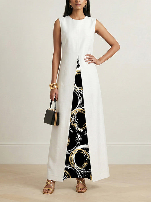 A-Line Long Sleeves Contrast Color Printed Split-Front Split-Joint Round-Neck Maxi Dresses