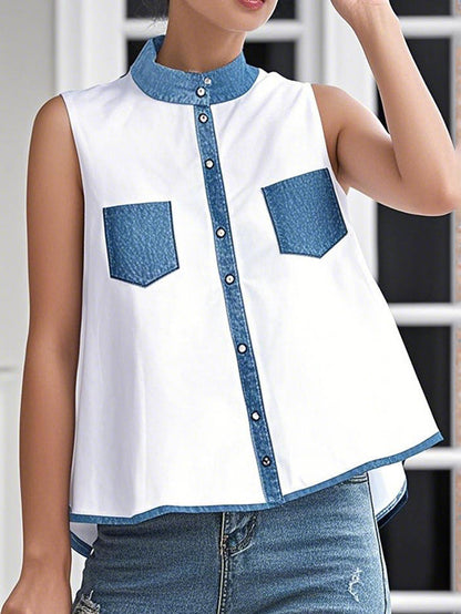 A-Line High-Low Buttoned Contrast Color Pockets Mock Neck Tank Top