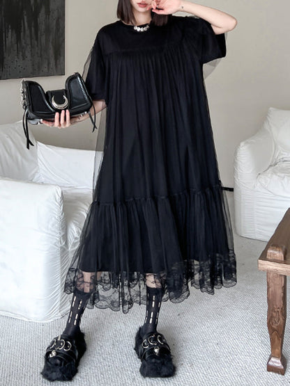 Fake Two-Piece Loose Gauze Pleated Solid Color Split-Joint Tiered Round-Neck Midi Dresses