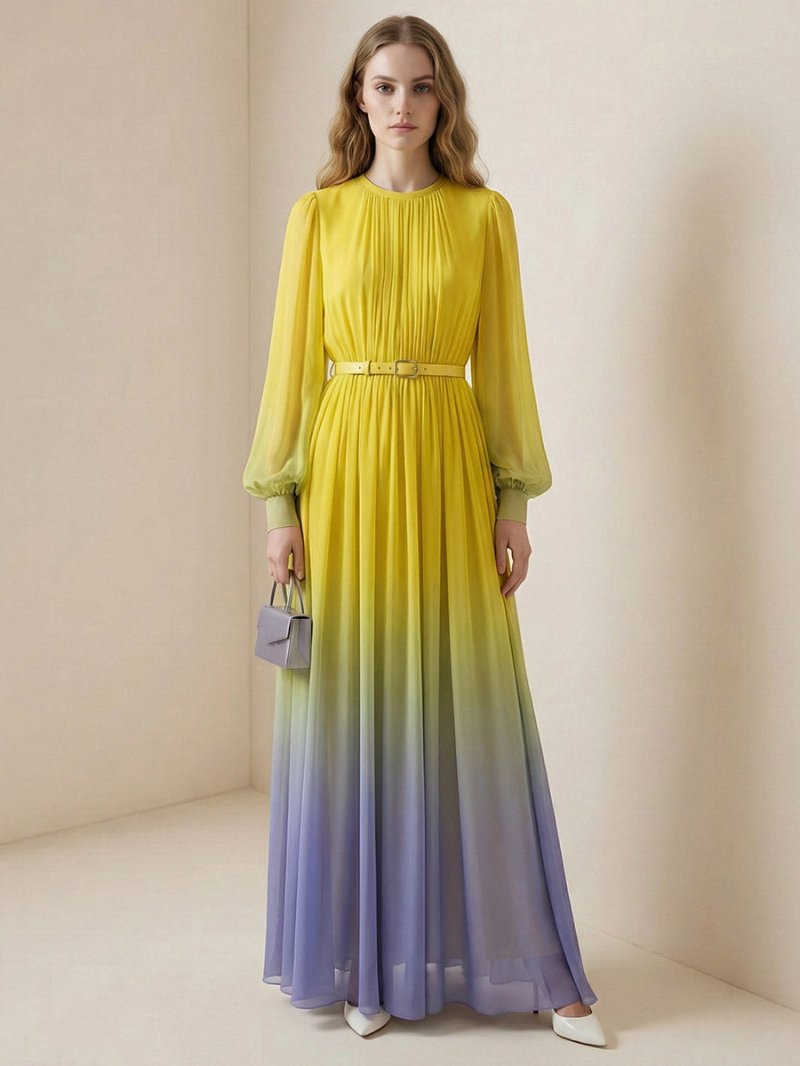 High Waisted Long Sleeves Belted Contrast Color Gradient Pleated Split-Joint Round-Neck Maxi Dresses
