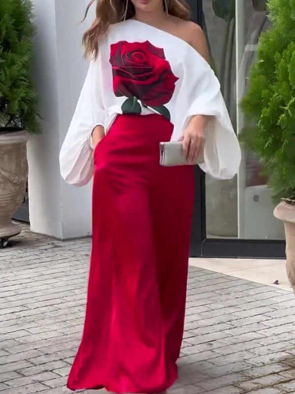 Long Sleeves Loose Asymmetric Elasticity Flower Print One-Shoulder Blouses&Shirts Tops