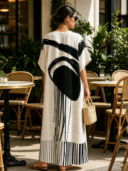 Striped Split-Joint Printed Contrast Color Short Sleeves Loose V-neck Maxi Dresses