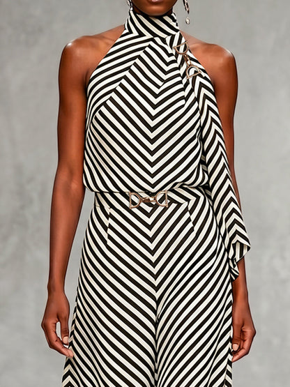 Sleeveless Contrast Color Draped Striped Halter-Neck Blouses&Shirts Tops