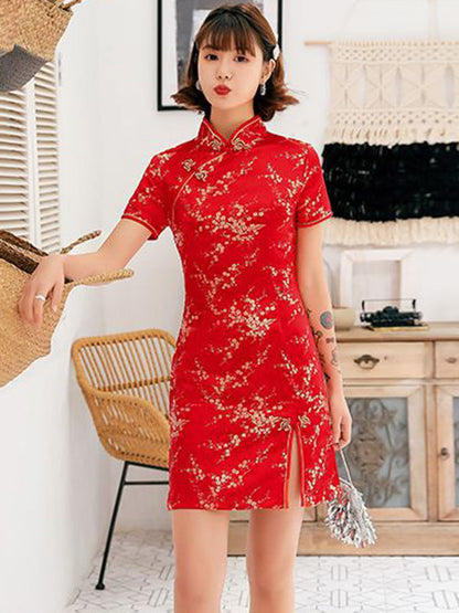 Kurzes Cheongsam mit Stehkragen und Pflaumenblüten-Print 