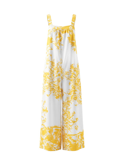 Pockets Pleated Flower Print Wide Leg Sleeveless Spaghetti-Neck Jumpsuits