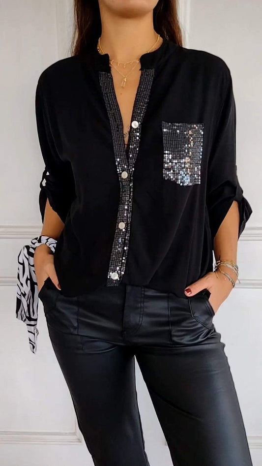 V-neck Sequin Mid-sleeve Casual Top Black S