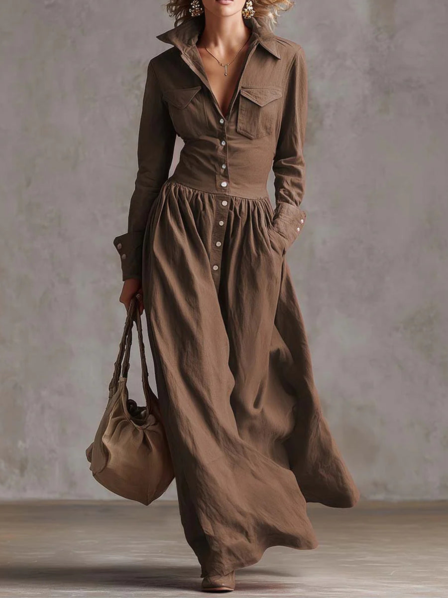 High Waisted Long Sleeves Buttoned Pleated Pockets Solid Color Split-Joint Lapel Maxi Dresses