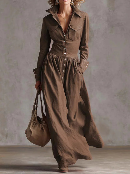 High Waisted Long Sleeves Buttoned Pleated Pockets Solid Color Split-Joint Lapel Maxi Dresses