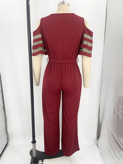 High Waisted Loose Hollow Mesh Solid Color Tied Waist V-Neck Jumpsuits