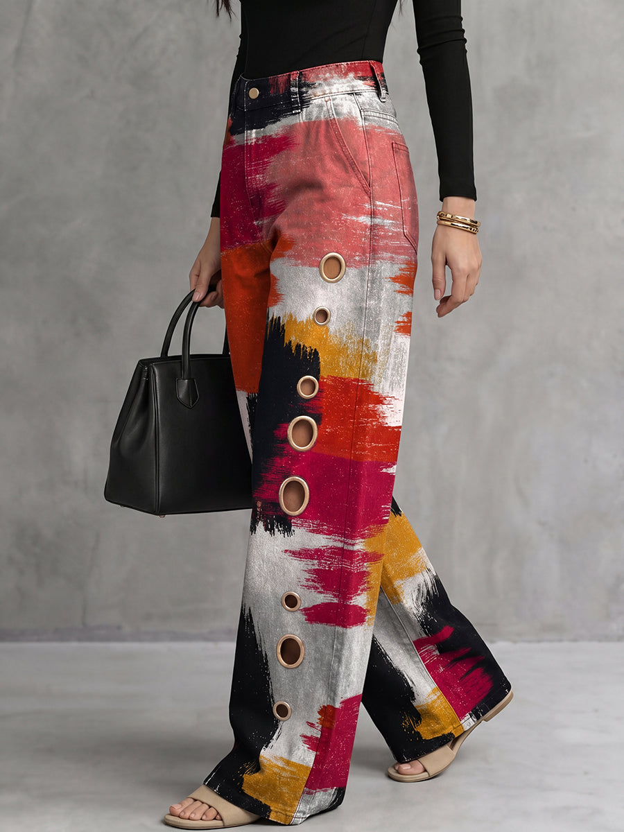 High Waisted Wide Leg Contrast Color Hollow Pockets Printed Pants Trousers