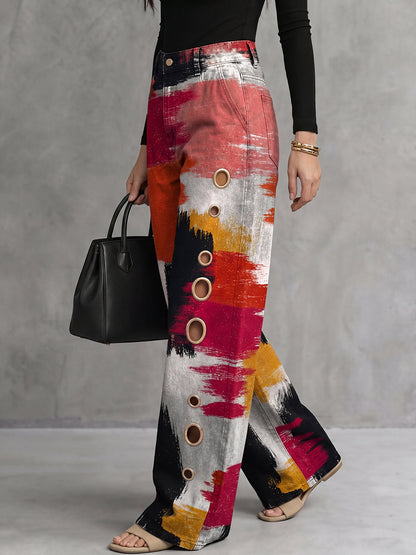High Waisted Wide Leg Contrast Color Hollow Pockets Printed Pants Trousers