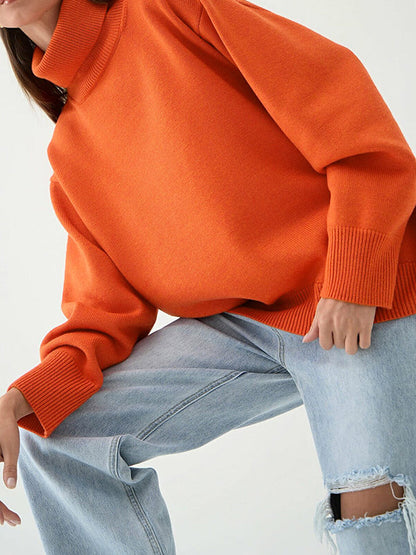 Long Sleeves Loose Solid Color High Neck Knitwear Pullovers Sweater Tops