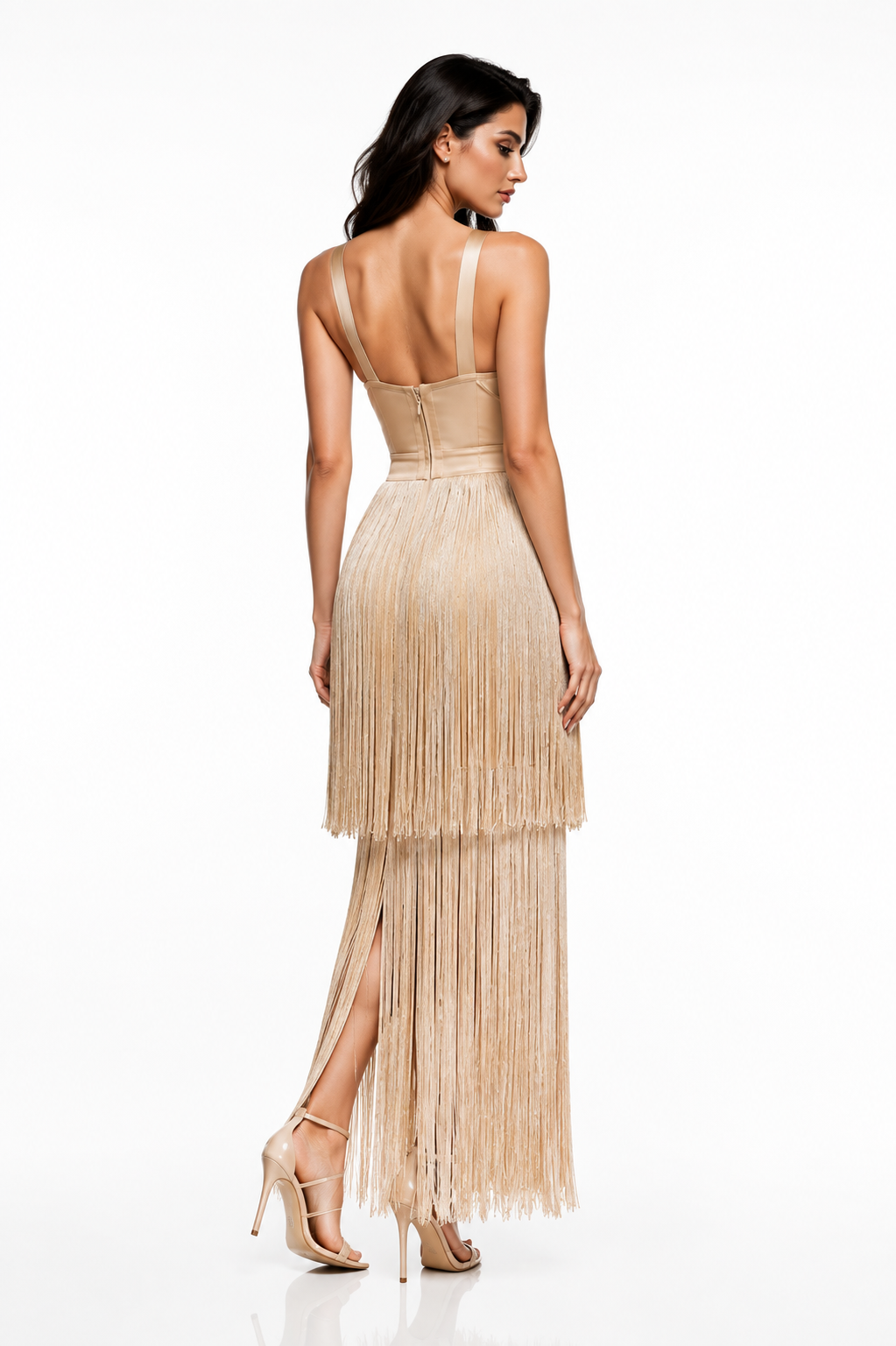 DUSCHNA Golden Motion Fringe Midi Dress – Champagne Bandage Evening Dress