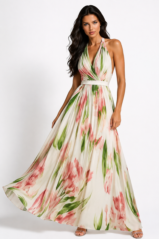 ABBE Rosé Garden Halter Maxi Dress – Floral Deep V Flowing Evening Dress