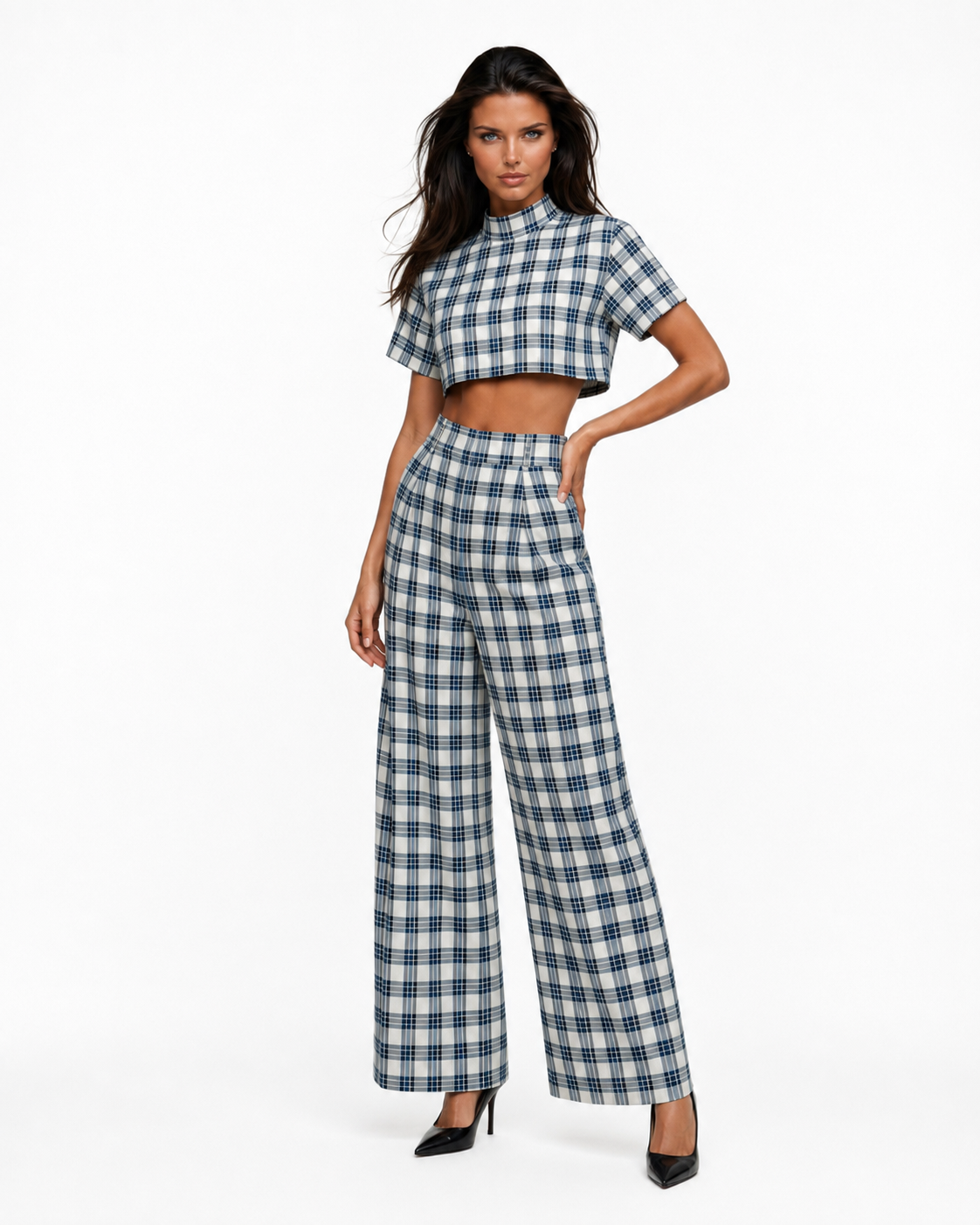 CEMRE Check Mate Wide-Leg Set – Cropped Plaid Top & High-Waisted Trousers