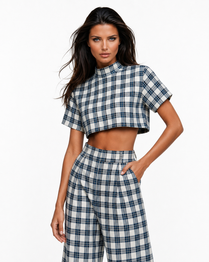 CEMRE Check Mate Wide-Leg Set – Cropped Plaid Top & High-Waisted Trousers