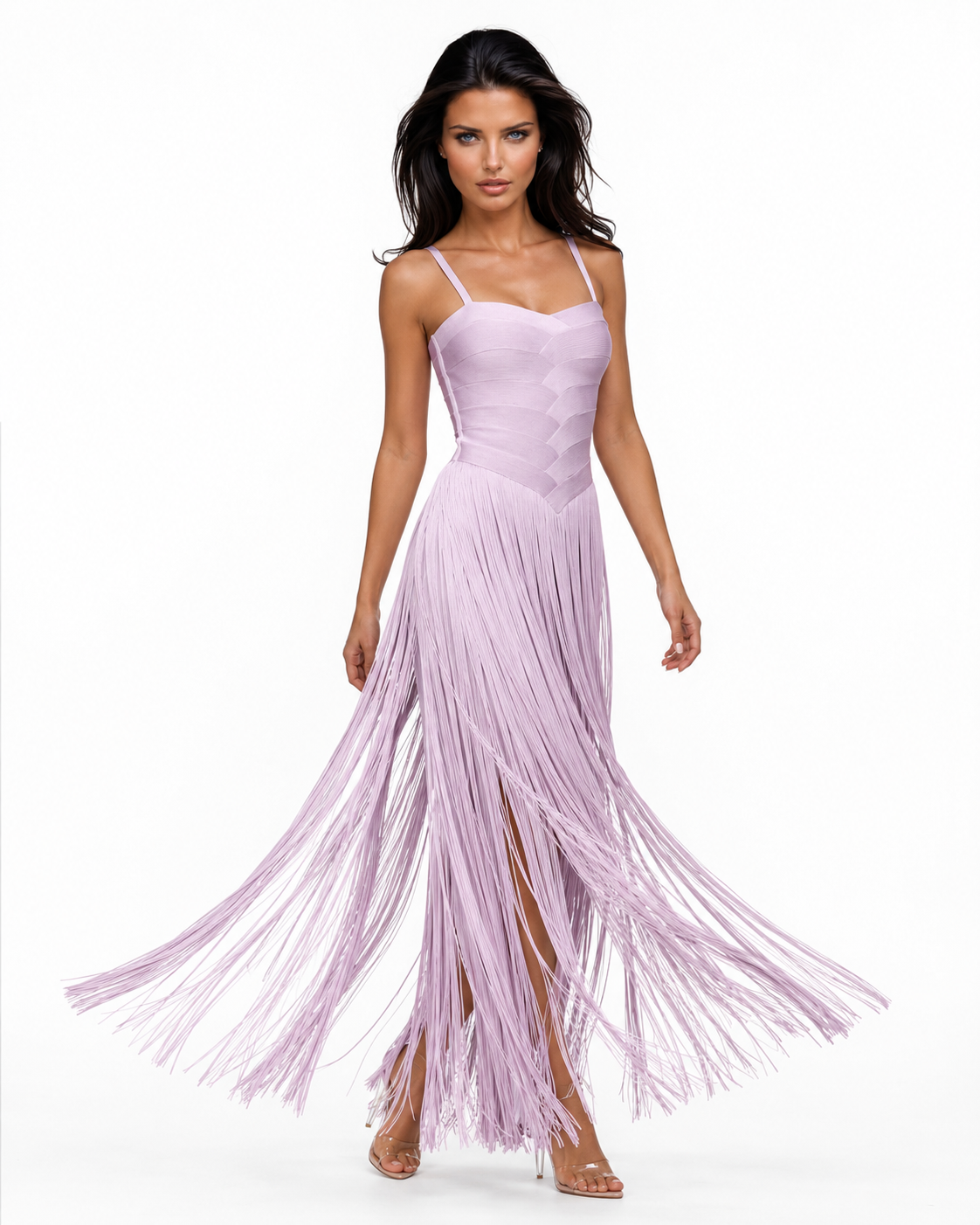 TIANA Lilac Fringe Bandage Maxi Dress – Lavender Statement Evening Dress