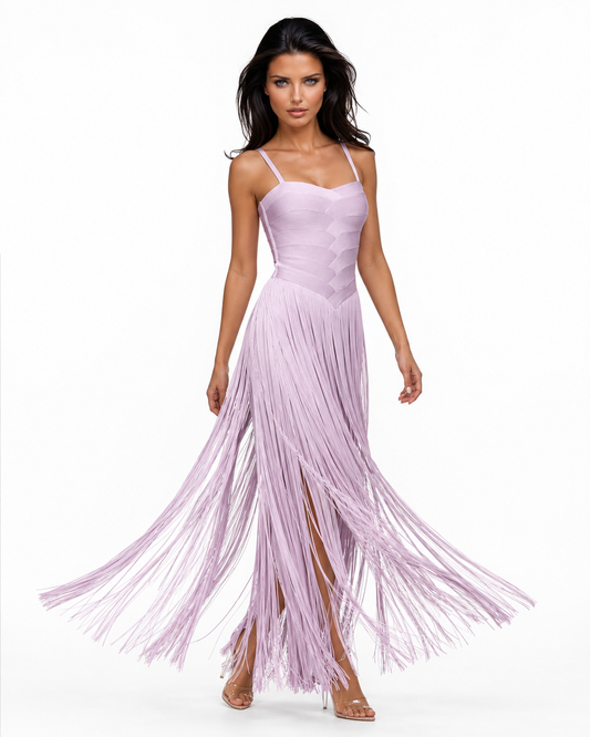 TIANA Lilac Fringe Bandage Maxi Dress – Lavender Statement Evening Dress