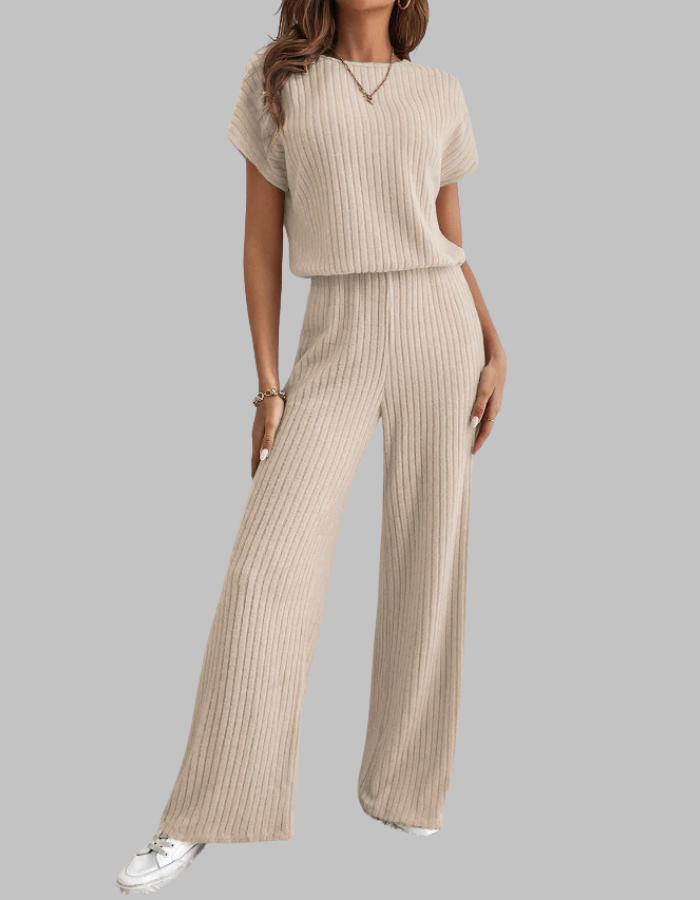 Nora | Women's Ribbed Two Piece Set Short Sleeve Top Wide Leg Pants