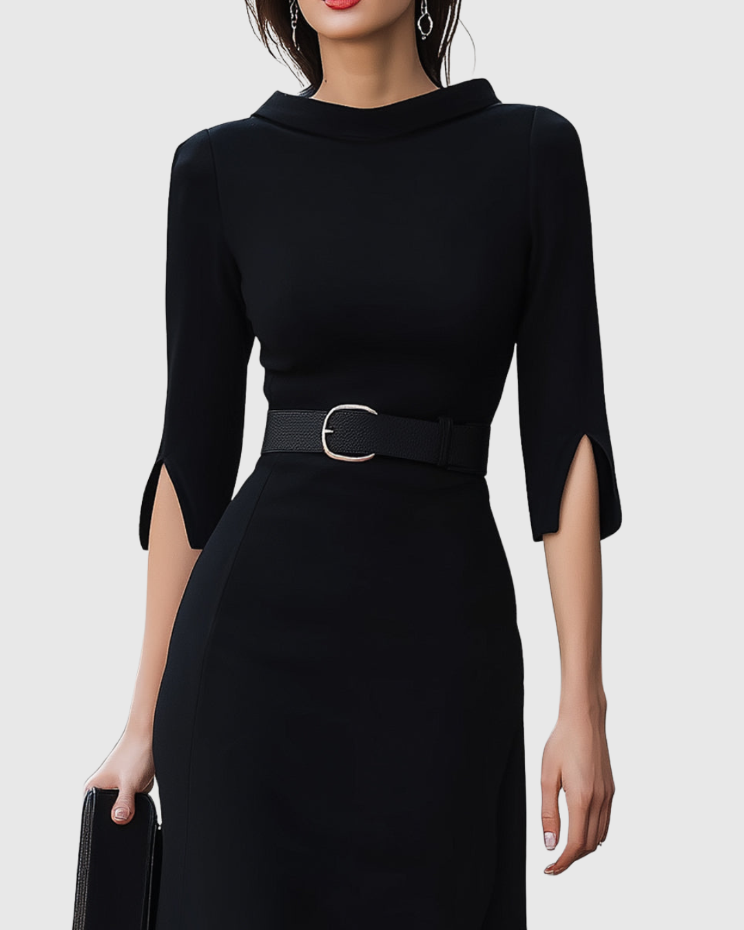 Naomi | Women's Belted Mock Neck Midi Dress with Split Sleeves