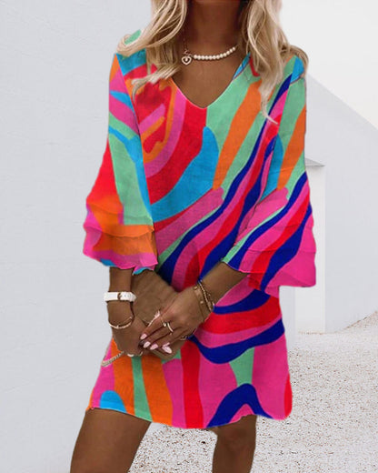 Zara | Women's Colorful Abstract Print Bell Sleeve Mini Dress