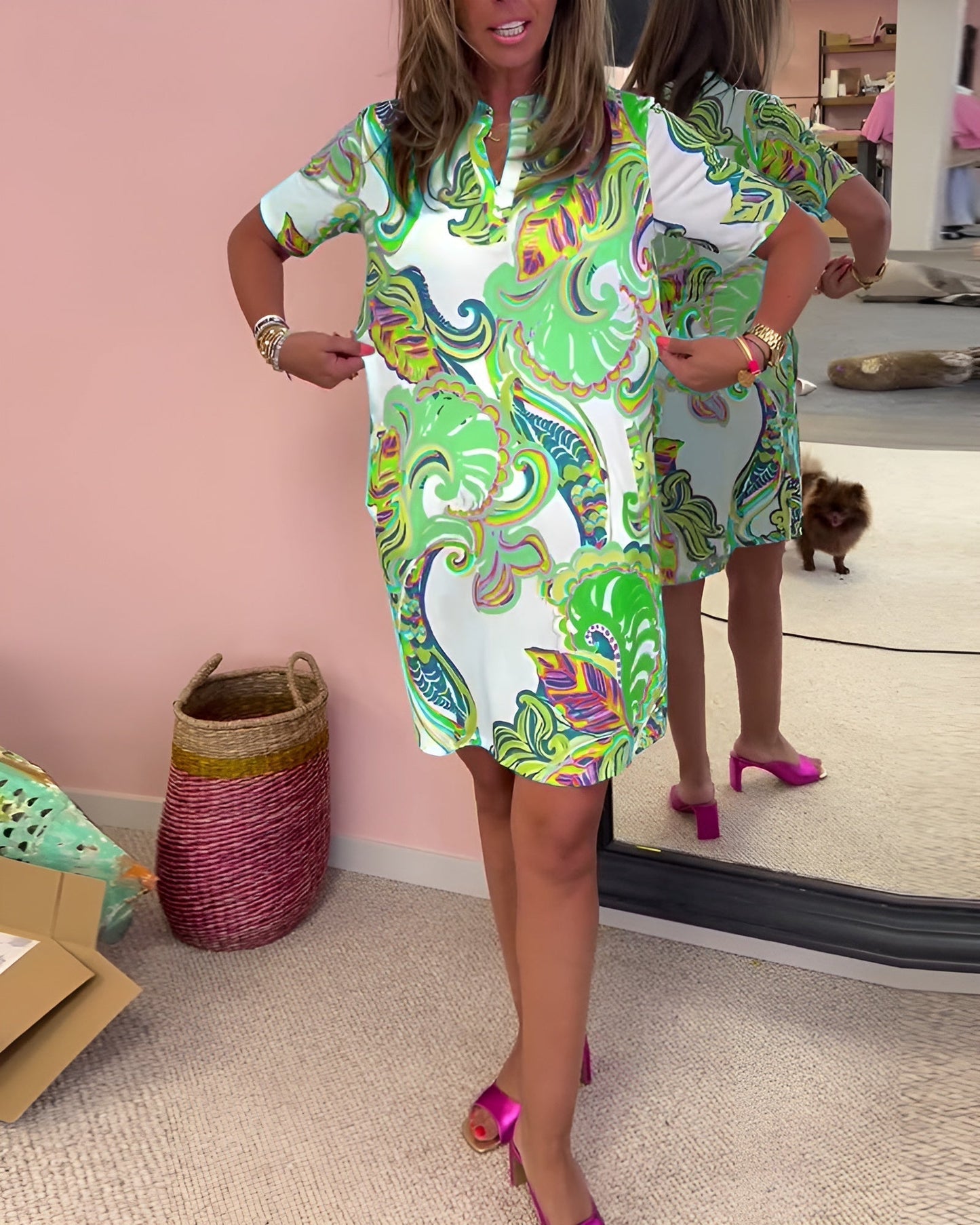 Piper | Women's V Neck Tummy Control Printed Draped Dress Casual Summer
