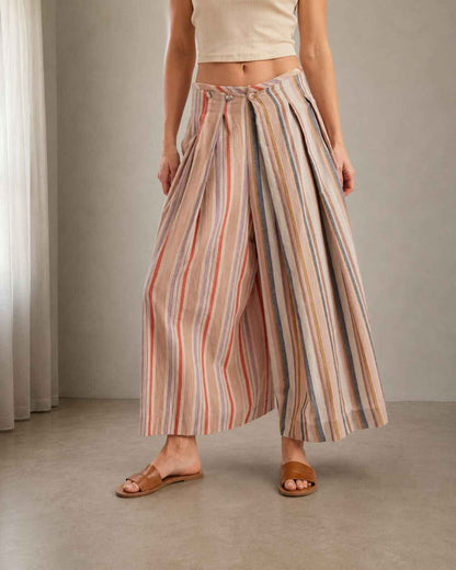 Multi-Stripe Pleated Front Wide-Leg Pants