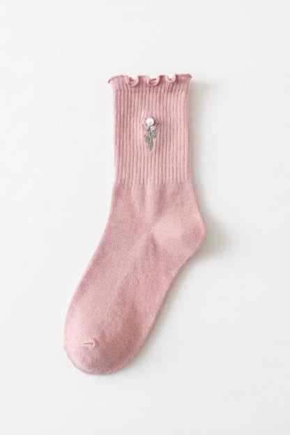3-Pack Blush Pearl Rose Ruffle Crew Socks