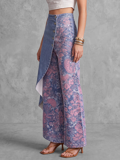 High Waisted Irregularity Buttoned Contrast Color Flower Print Pockets Split-Joint Jean Pants Bottoms