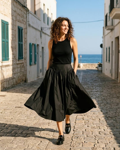 Poplin Cotton Smocked Flare Midi Skirt