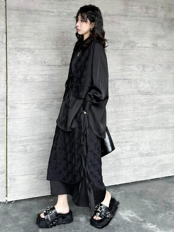 Solid Color Split-Joint Asymmetric Drawstring Flower Print   False Two Lapel Buttoned Pockets Blouses&Shirts Tops + Elasticated Waist Double Layered Skirts Bottoms Two Pieces Set