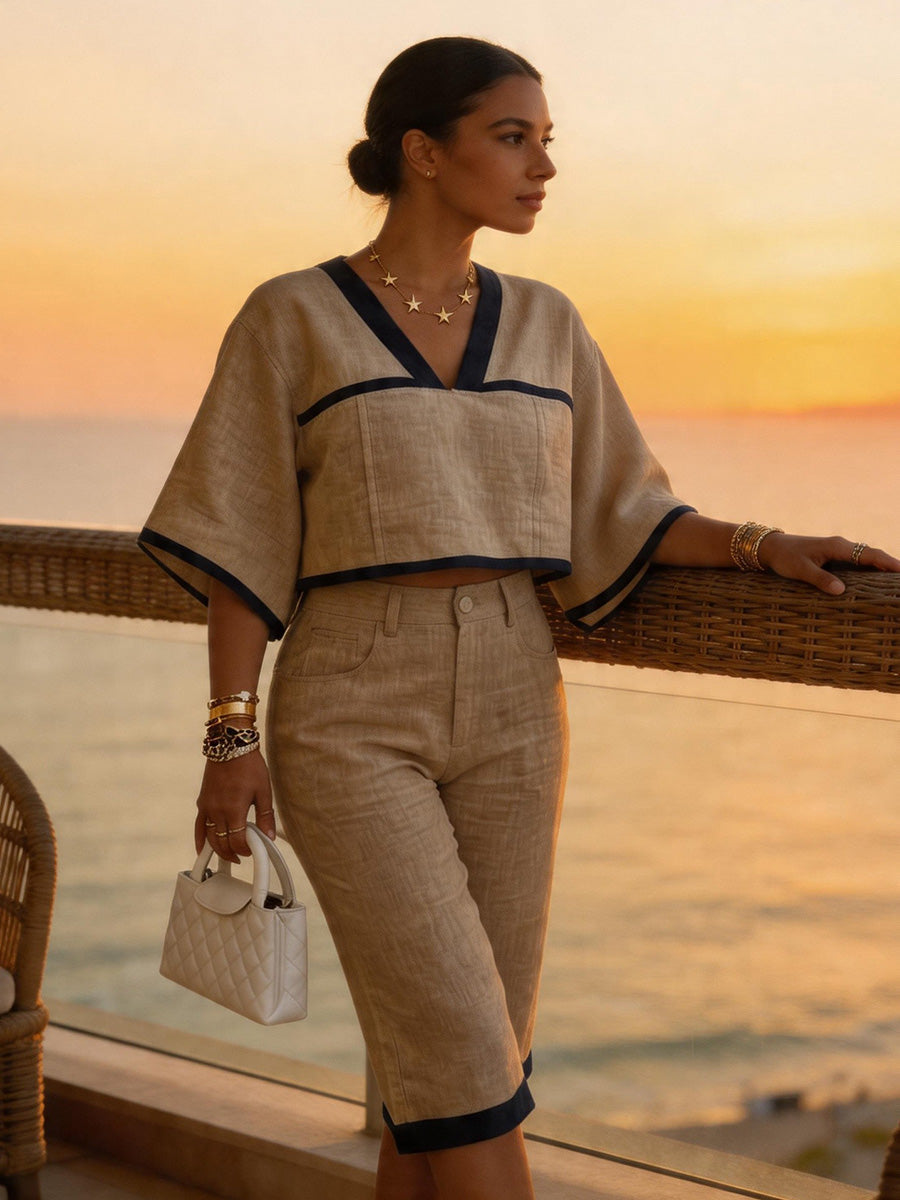Contrast Color Cropped Batwing Sleeves V-Neck Blouses&Shirts Tops + Buttoned No Belt Pockets Cropped Trousers Two Pieces Set