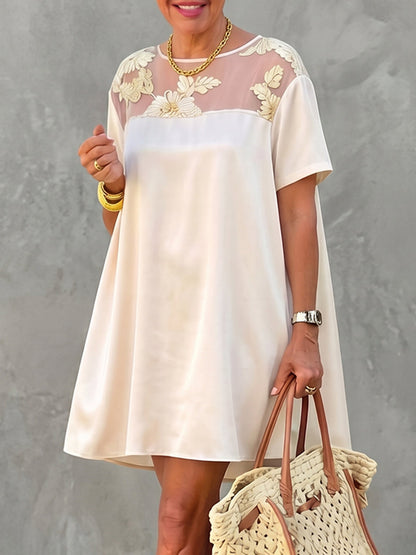 A-Line Loose Embroidered See-Through Split-Joint Round-Neck Mini Dresses