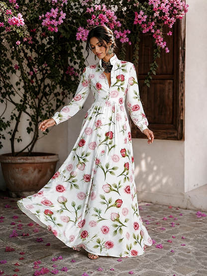 Split-Joint Pockets Pleated Flower Print Contrast Color Buttoned Plus Size Loose Stand Collar Maxi Dresses