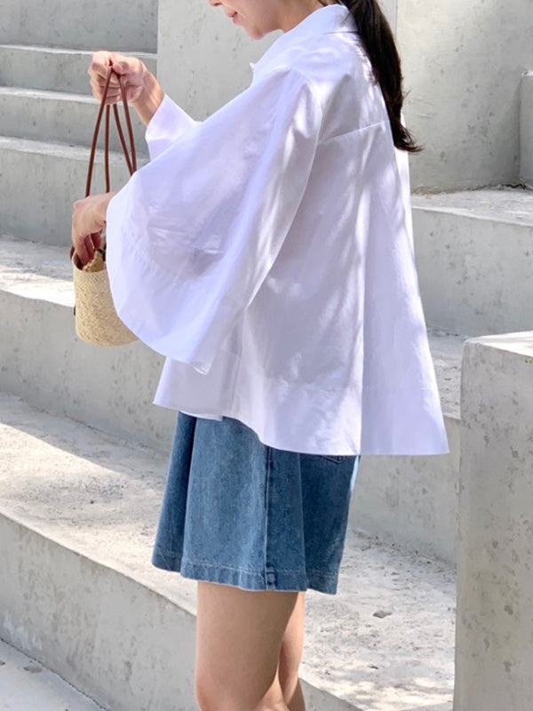 Chemisiers et chemises à revers, coupe trapèze, manches évasées, boutonnés et plissés, couleur unie 