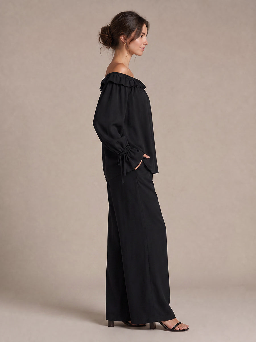 Solid Color See-Through Ruffle Trim Elasticity Drawstring Buttoned Loose Long Sleeves Off-the-shoulder Blouses&shirts Tops