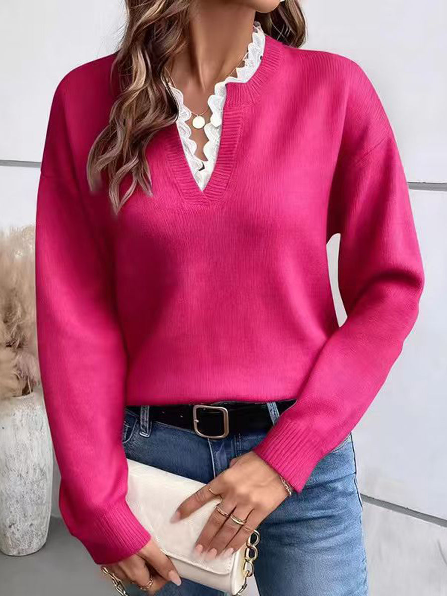 Split-Joint Ruffled Loose Long Sleeves V-neck Sweater Tops