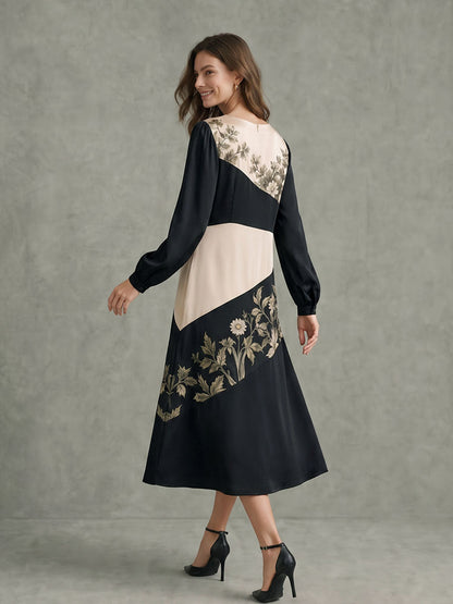 Split-Joint Ruched Flower Print Contrast Color Long Sleeves High Waisted Round-neck Midi Dresses