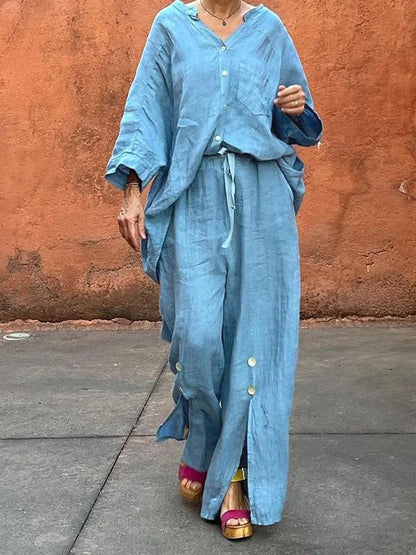 Loose Raglan Sleeve Split-Joint V-Neck Blouses&Shirts Tops