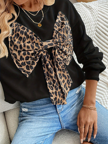 Long Sleeves Loose Bowknot Leopard Round-Neck Sweatshirt Tops