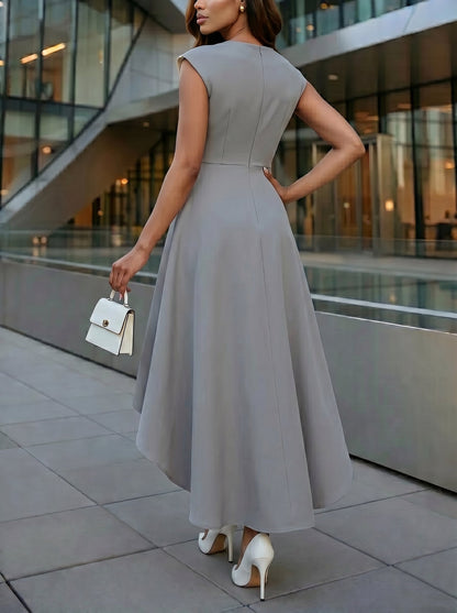 A-Line High Waisted Buttoned Contrast Color Split-Joint Zipper Round-Neck Maxi Dresses
