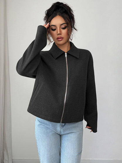 Long Sleeves Loose Solid Color Zipper Lapel Outerwear