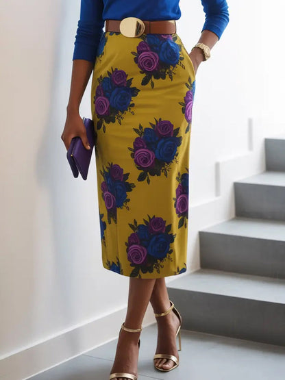 Zipper Pockets Flower Print Belted High Waisted Skirts